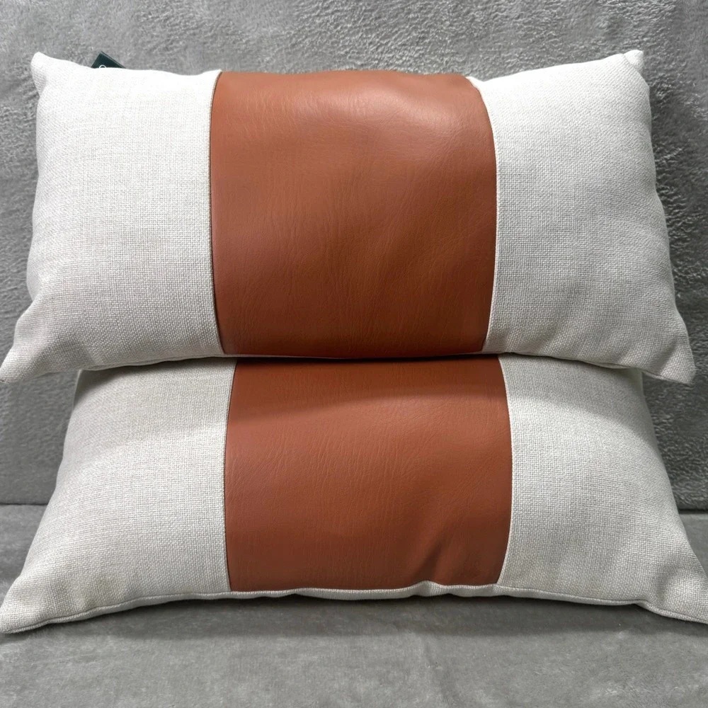 Set of 2 MCM Style Lumbar Throw Pillows Ivory Linen Faux Leather Minimalist